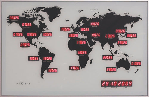 Wandklok - 55 x 36 x 4 cm - Glas - Aluminium - Wereldklok - 'World Time Digit'