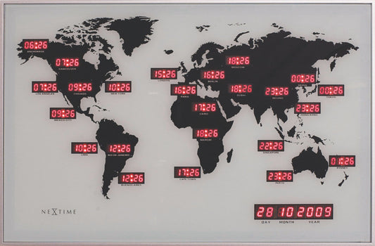 Wandklok - 55 x 36 x 4 cm - Glas - Aluminium - Wereldklok - 'World Time Digit'