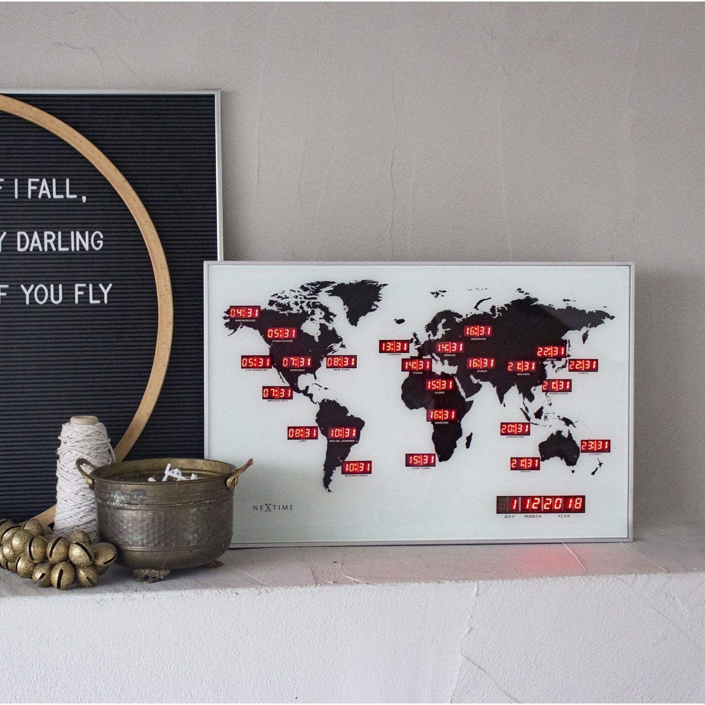 Wandklok - 55 x 36 x 4 cm - Glas - Aluminium - Wereldklok - 'World Time Digit'