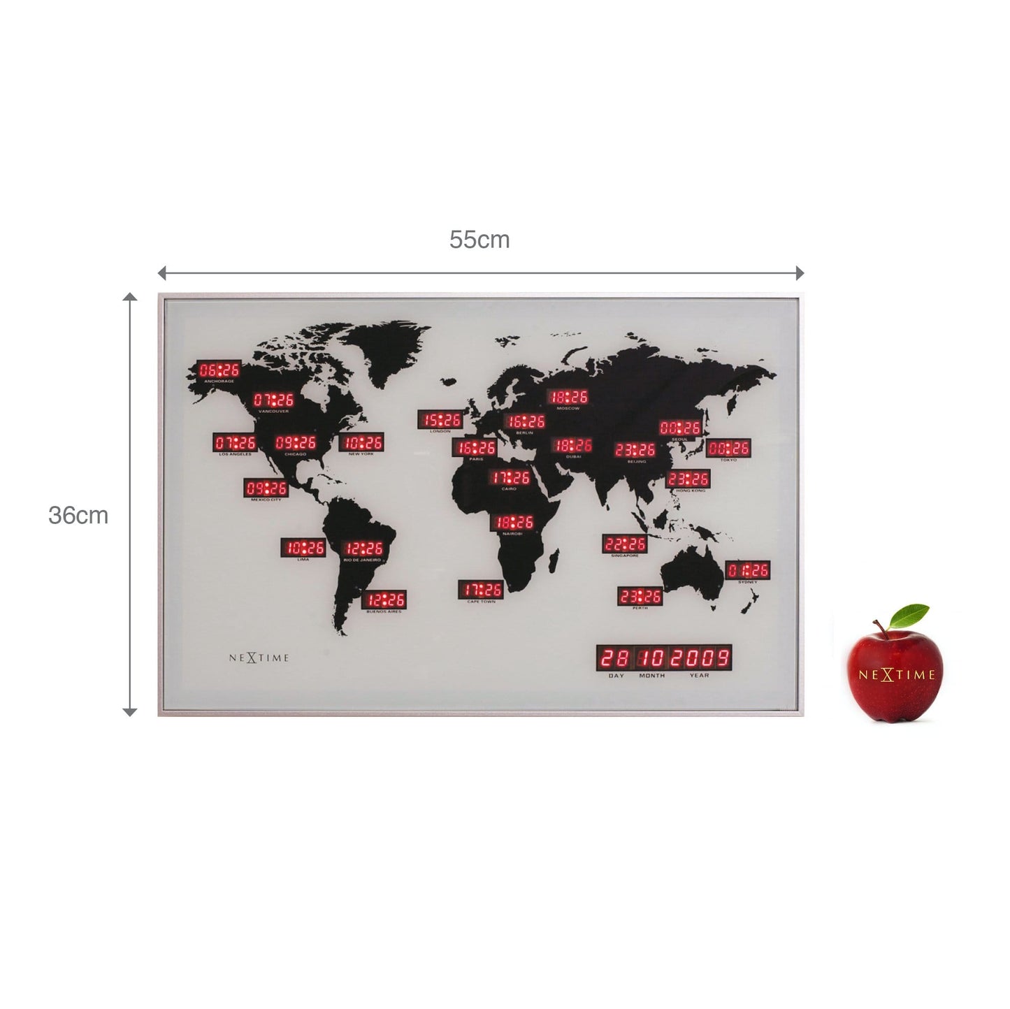 Wandklok - 55 x 36 x 4 cm - Glas - Aluminium - Wereldklok - 'World Time Digit'