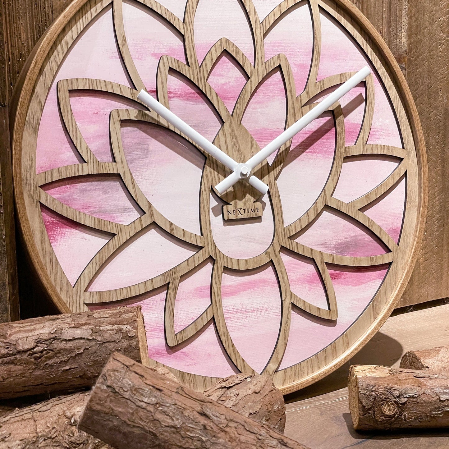 Wandklok 40 cm - Stil - Roze - Hout - "Lotus"
