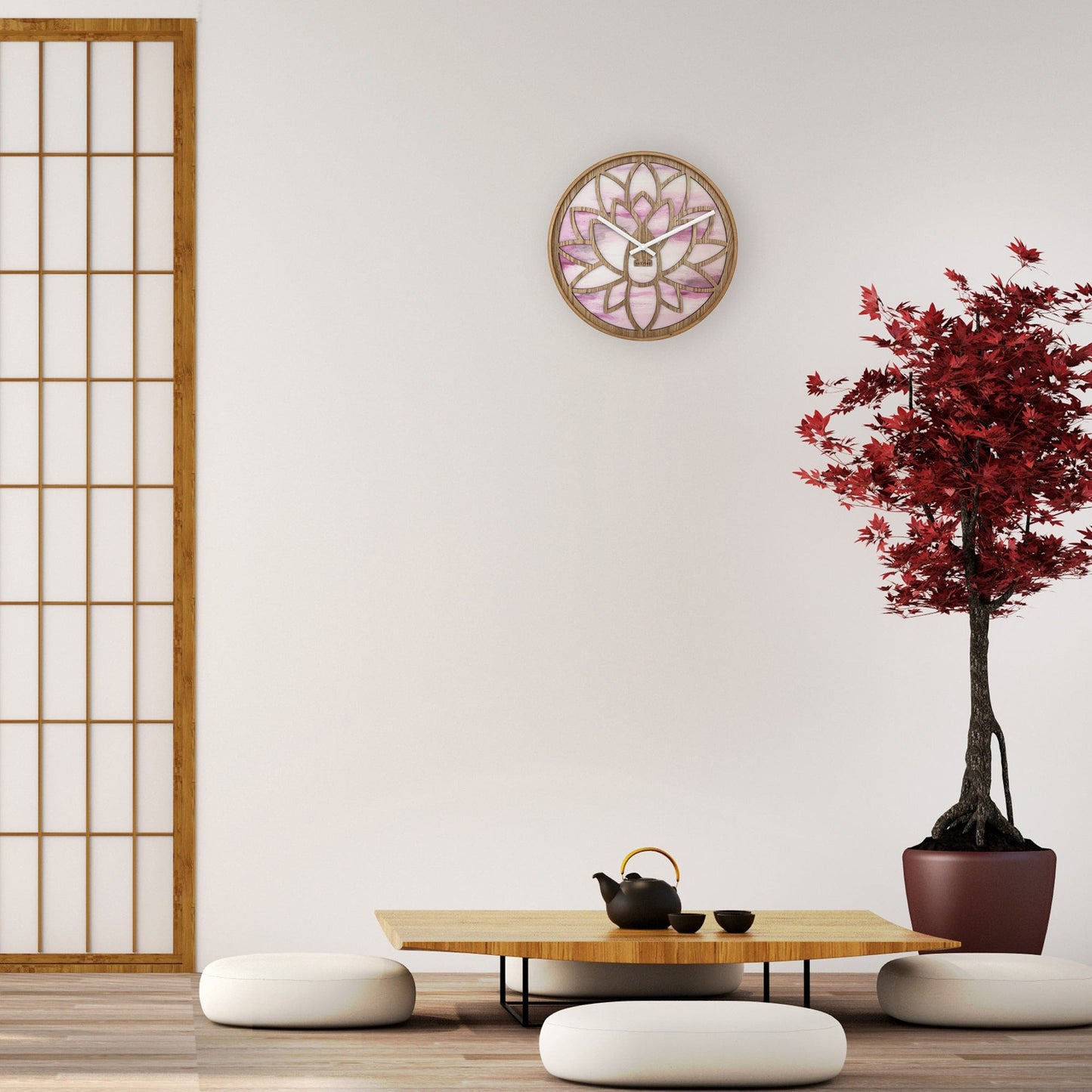 Wandklok 40 cm - Stil - Roze - Hout - "Lotus"