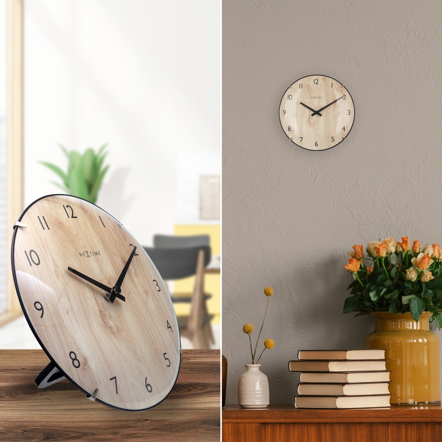 Tafel-/Wandklok 20 cm - Bolvormige glaslens - Stil - Lichte houtkleur - Glas - "Edge Wood Mini"