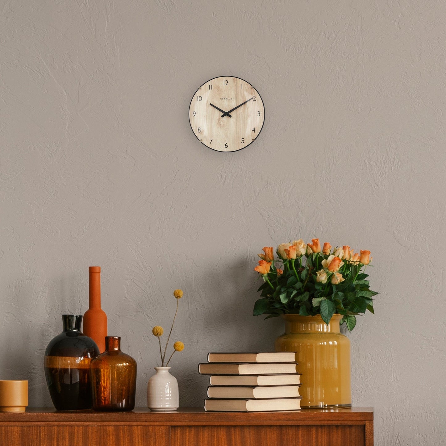 Tafel-/Wandklok 20 cm - Bolvormige glaslens - Stil - Lichte houtkleur - Glas - "Edge Wood Mini"