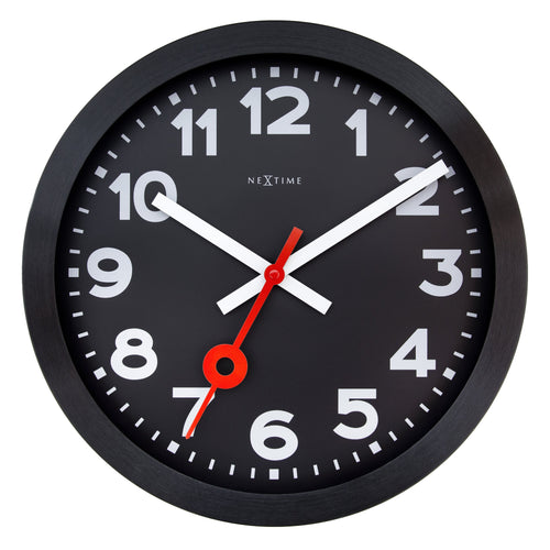 Wandklok 35 cm - stil - zwart - geanodiseerd aluminium - NeXtime 'Station All Black'