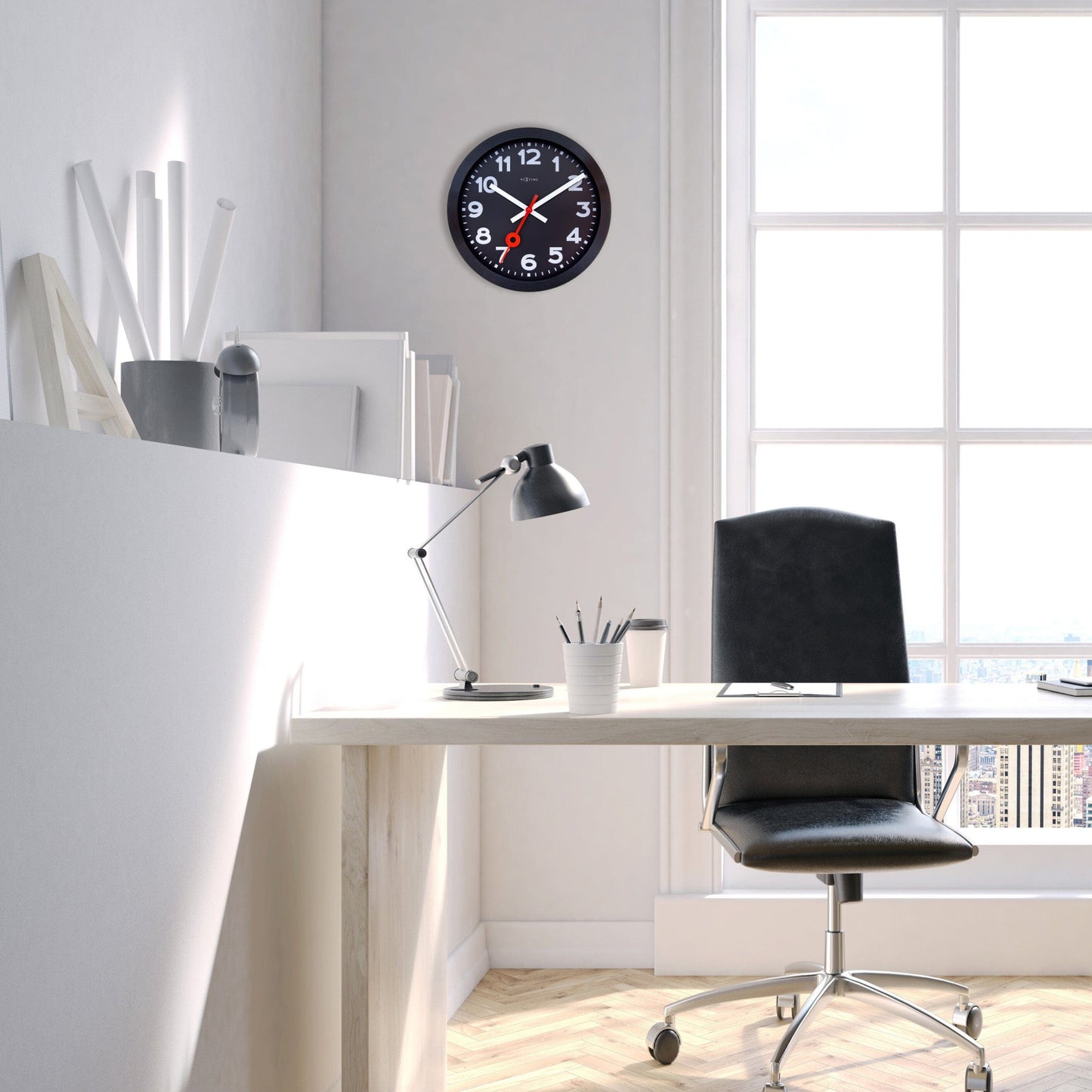 Wandklok 35 cm - stil - zwart - geanodiseerd aluminium - NeXtime 'Station All Black'
