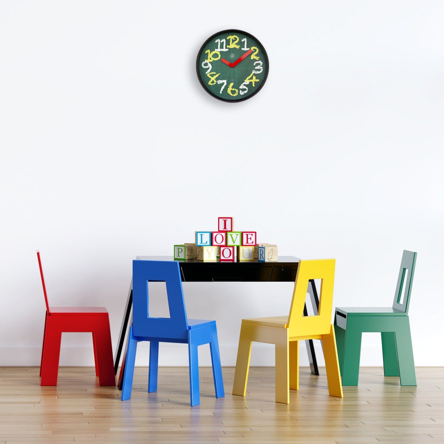 Wandklok 30 cm - Geruisloos - Groen - Plastic - "Krijtbord"